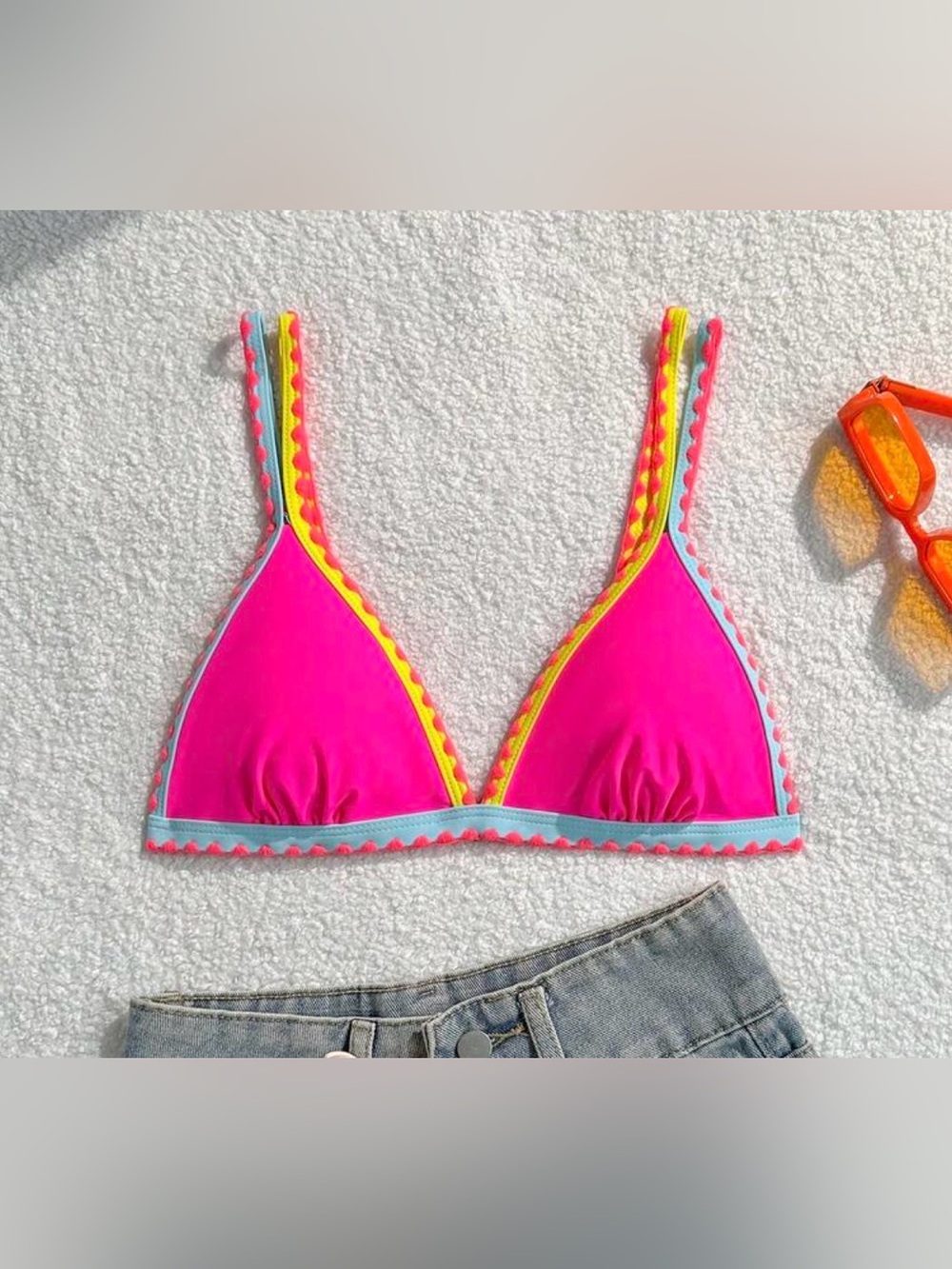 Pink Summer Beach Colorblock Whip Stitch Triangle Bikini Top